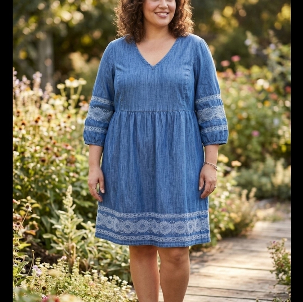 J-JILL Denim Blue Lace-Trim Long Sleeve Dress (G)